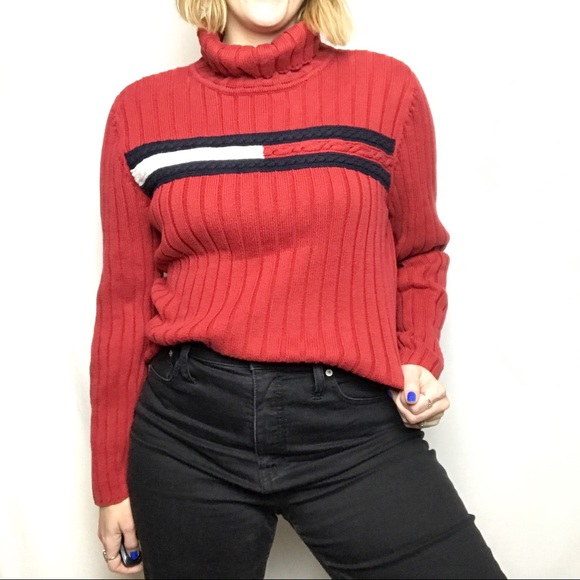 Tommy Hilfiger Sweaters - Tommy Hilfiger Red Ribbed Logo Turtleneck Sweater